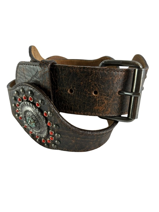 Rare Vintage STREETS AHEAD Brown Wide Leather Western Belt Conchos M 34 USA main image 7